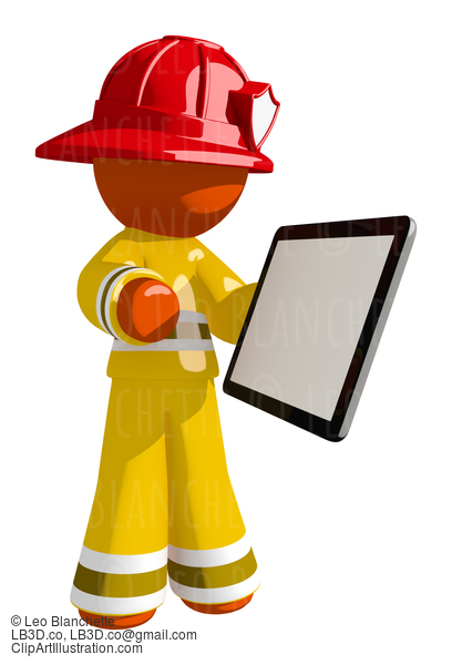 Orange Man Firefighter With Tablet And Blank Space #16583