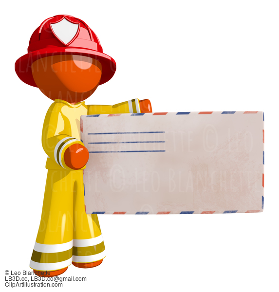 Orange Man Firefighter Holding And Presenting Blank Envelope #16589