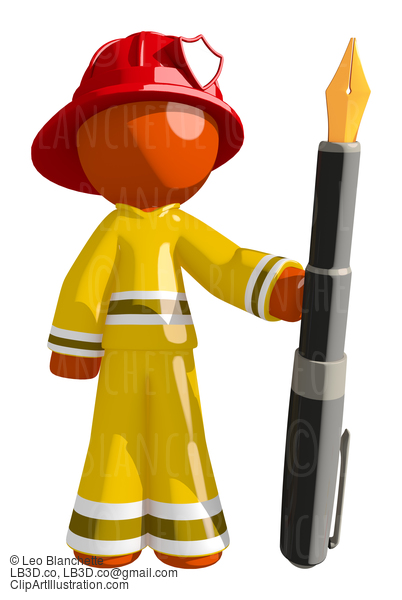 Orange Man  Firefighter Holding Large Fountain Pen #16590