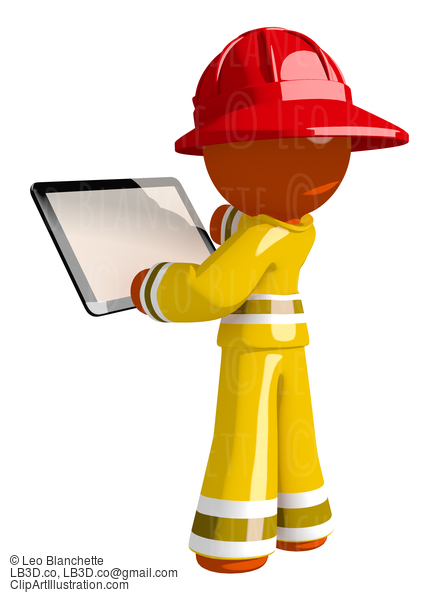 Orange Man Firefighter Using Tablet With Blank Space For Design #16591