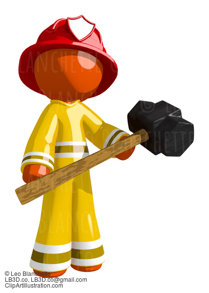 Orange Man Firefighter Holding Sledge Hammer #16592