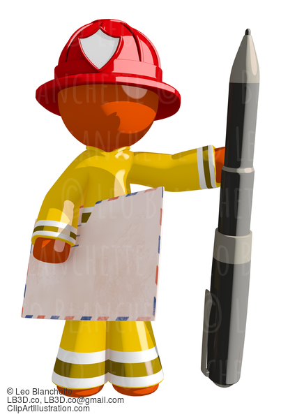 Orange Man Firefighter With Envelope And Giant Pen #16593