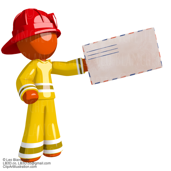 Orange Man Firefighter Handing Blank Envelope #16596