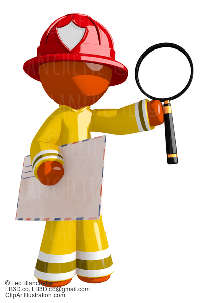 Orange Man Firefighter Holding Envelope And Magnifying Glass #16599