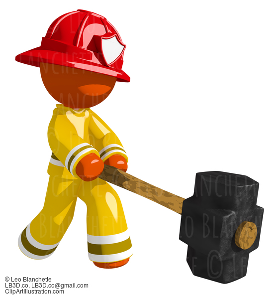 Orange Man Firefighter Hitting With Sledge Hammer #16604