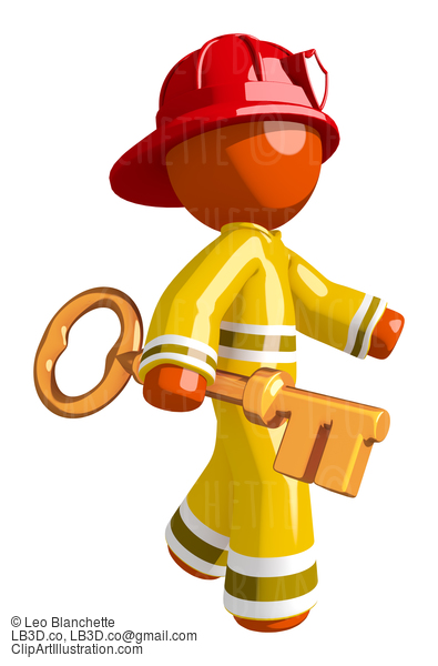 Orange Man Firefighter Walking With Huge Key #16605