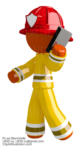 Orange Man Firefighter Using Phone And Walking #16612