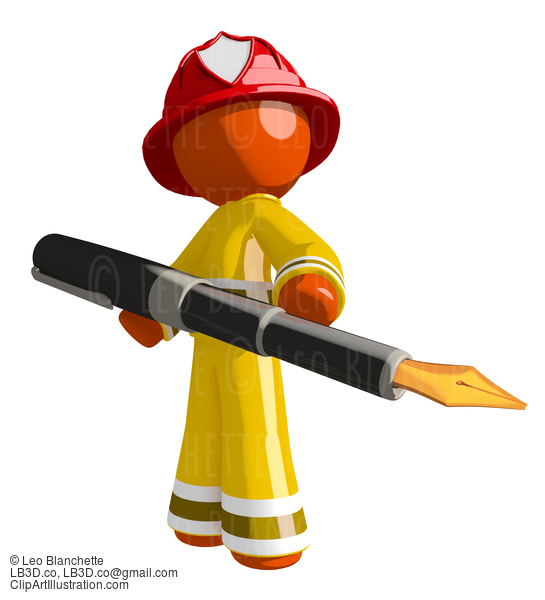 Orange Man Firefighter Holding Large Fountain Pen #16613