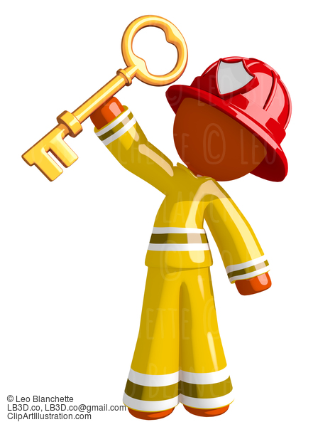 Orange Man Firefighter Holding Huge Key #16614