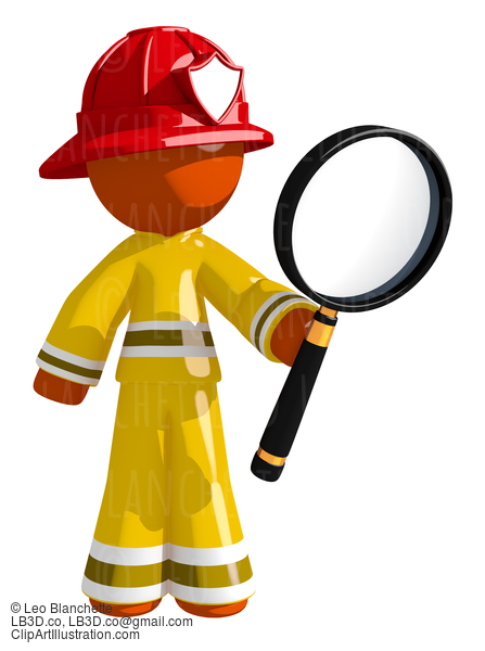 Orange Man Firefighter Looking Through Magnifying Glass #16621