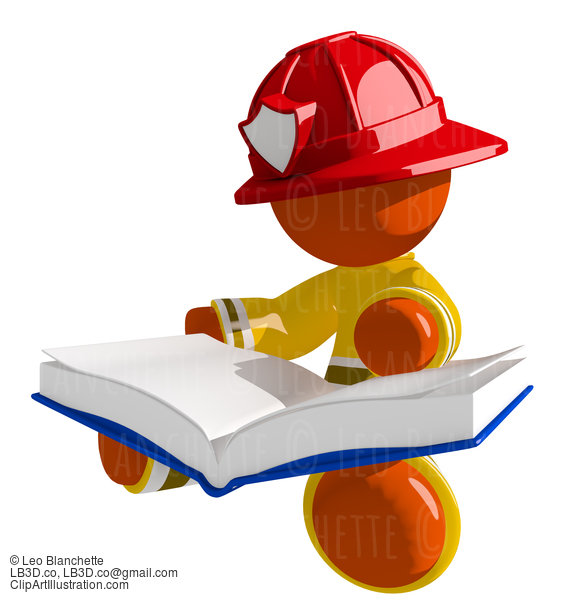 Orange Man Firefighter Sitting Reading Book #16623