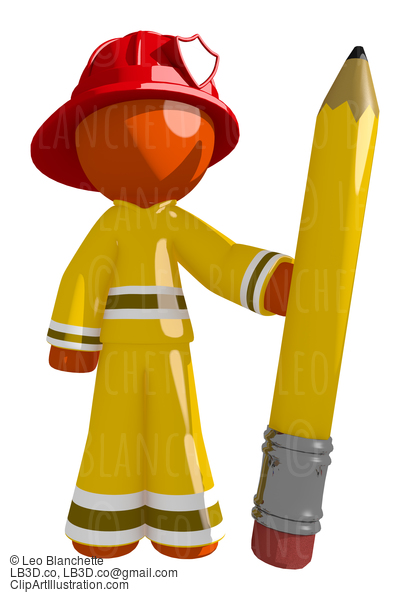 Orange Man Firefighter Holding Giant Pencil #16629