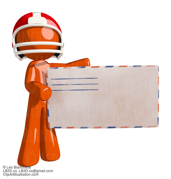 Football Player Orange Man Holding A Large Envelope Towards Viewer #16368