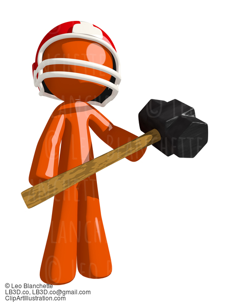 Football Player Orange Man Holding Giant Sledge Hammer #16377