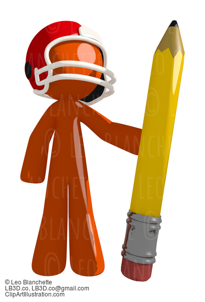 Football Player Orange Man Holding Giant Pencil #16400