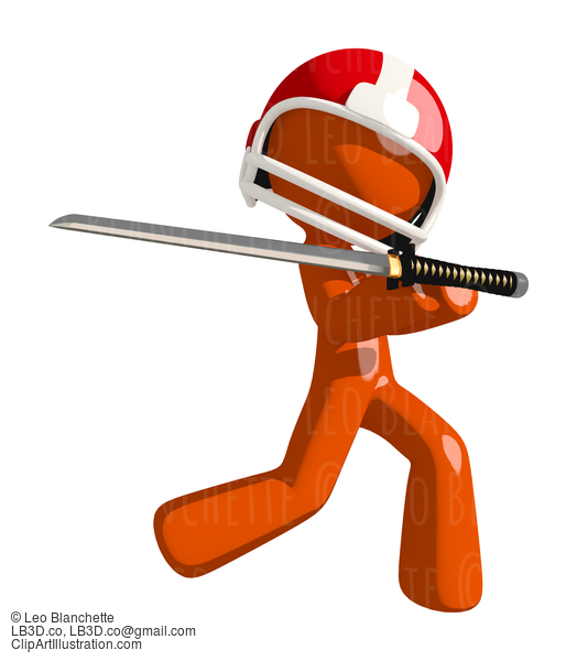 Football Player Orange Man Holding Ninja Sword Pose #16411