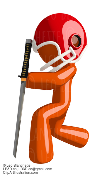 Football Player Orange Man Holding Ninja Sword Kneeling Respect Pose #16415