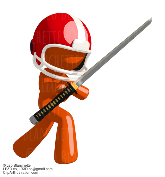 Football Player Orange Man Holding Ninja Sword In Threatening Defense Pose #16418