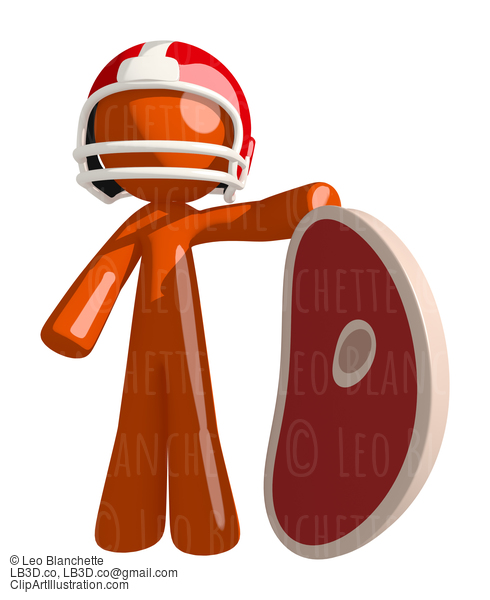 Football Player Orange Man Holding A Giant Steak #16422