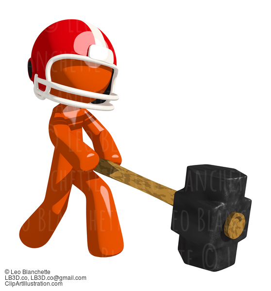 Football Player Orange Man Crushing Competition With Sledge Hammer #16440