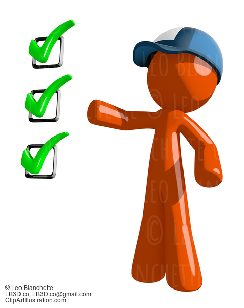 Orange Man Postal Mail Worker Pointing Green Checkmark List #16005