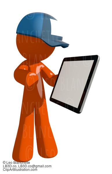 Orange Man Postal Mail Worker Showing Electronic Computer Tablet To Viewer #16044