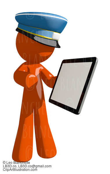 Orange Man Postal Mail Worker Showing Electronic Computer Tablet To Viewer #16046