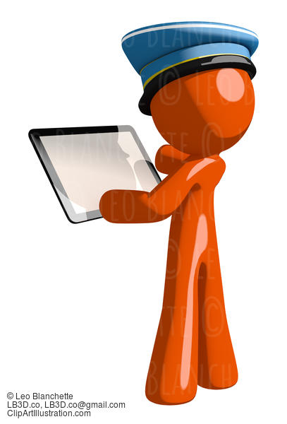 Orange Man Postal Mail Worker Viewing Tablet Computer Back View Blank Space #16068