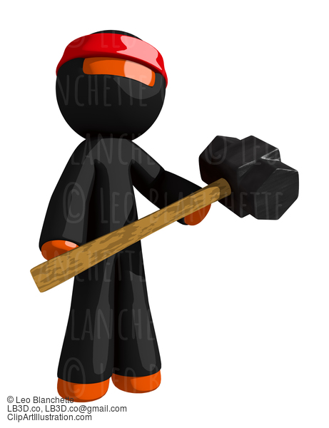 Orange Man Ninja Warrior Holding Giant Sledge Hammer #16140