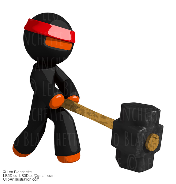 Orange Man Ninja Warrior Using Giant Sledge Hammer #16142