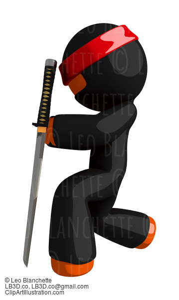 Orange Man Ninja Warrior Kneeling With Sword #16144