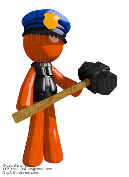 Orange Man Police Officer Man Holding Giant Sledge Hammer #16634