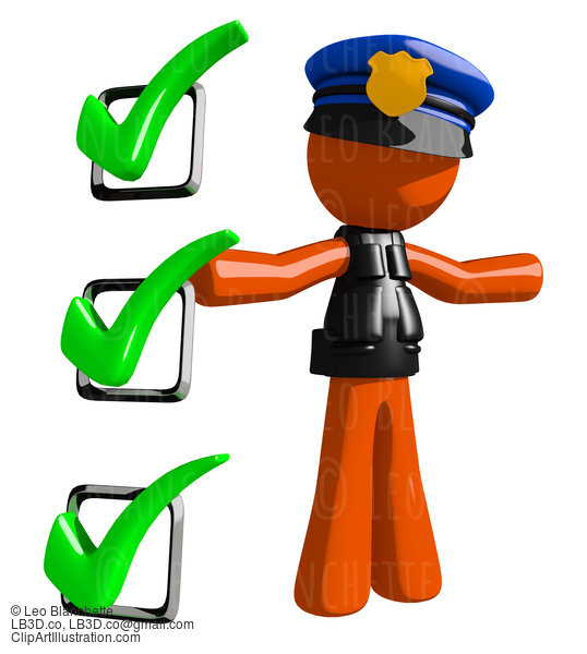 Orange Man Police Officer Presenting Green Checkmark List #16644