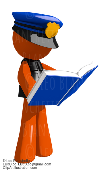 Orange Man Police Officer Standing Reading Book #16645