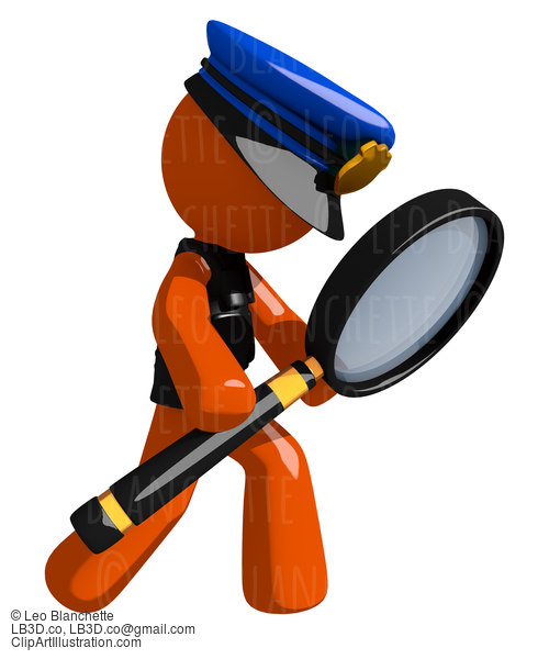 Orange Man Police Officer Looking Through Magnifying Glass #16648