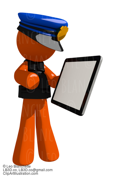 Orange Man Police Officer Showing Electronic Computer Tablet To Viewer #16651