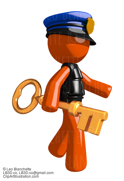 Orange Man Police Officer Walking With Gold Key #16661