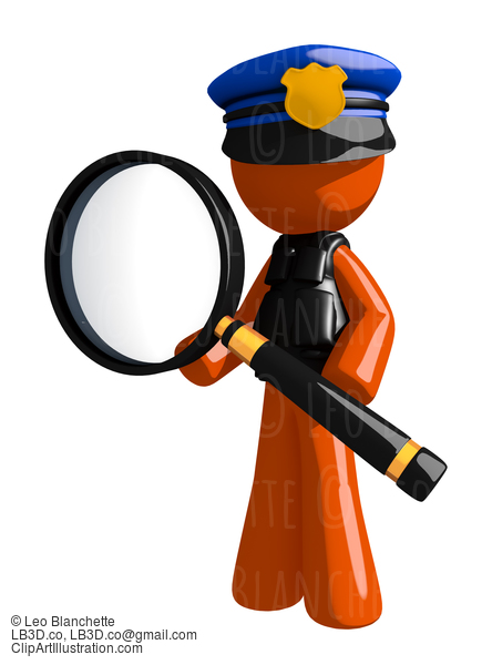 Orange Man Police Officer Standing With Magnifying Glass #16663