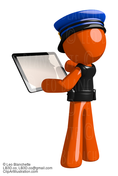 Orange Man Police Officer Viewing Tablet Computer Back View Blank Space #16672