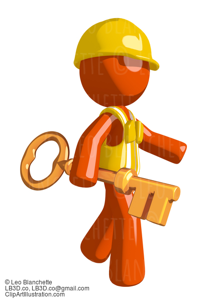 Orange Man Construction Worker  Walking With Gold Key #16225