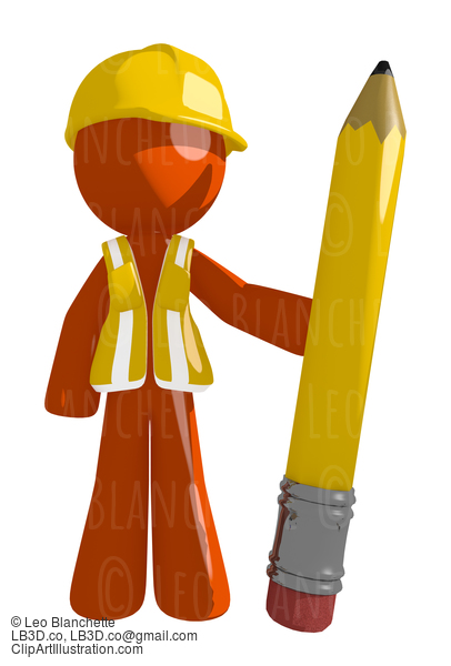 Orange Man Construction Worker  Holding Giant Pencil #16226