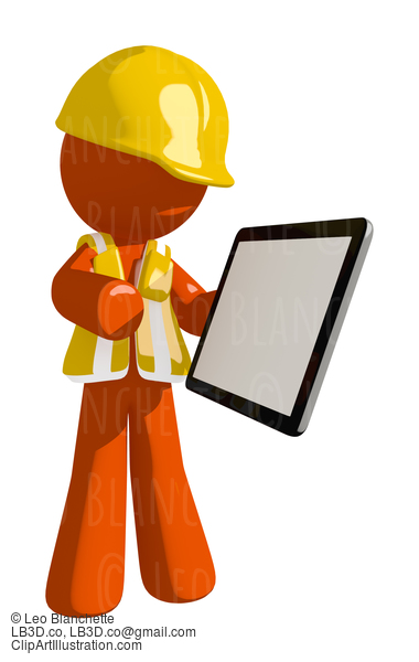 Orange Man Construction Worker Showing Electronic Computer Tablet To Viewer #16227