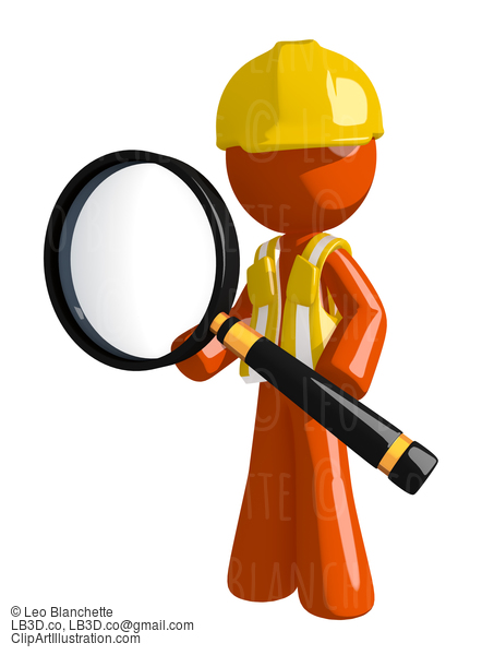 Orange Man Construction Worker  Standing With Magnifying Glass #16228