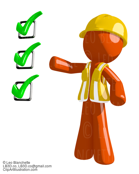 Orange Man Construction Worker  Pointing Green Checkmark List #16232