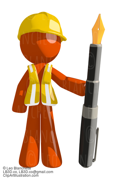 Orange Man Construction Worker  Holding Fountain Pen #16235