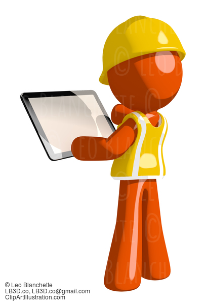 Orange Man Construction Worker  Viewing Tablet Computer Back View Blank Space #16239