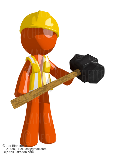 Orange Man Construction Worker  Man Holding Giant Sledge Hammer #16241