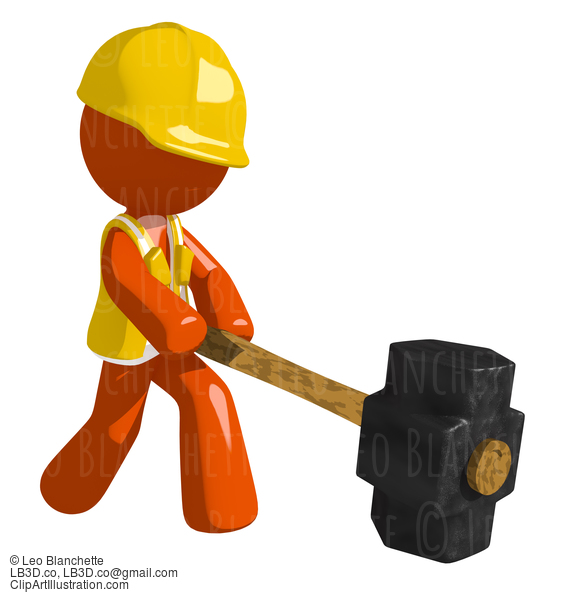 Orange Man Construction Worker  Hitting With Sledge Hammer #16259