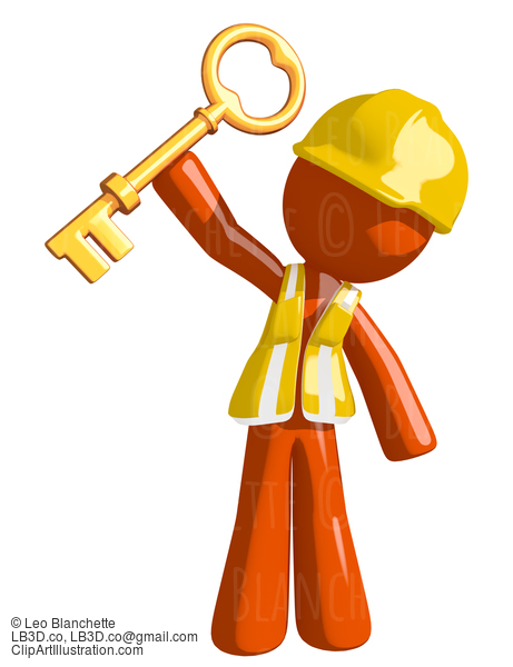 Orange Man Construction Worker  Holding Up Key To Success #16261