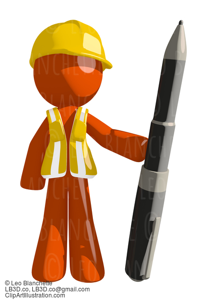 Orange Man Construction Worker  Holding Giant Pen #16262